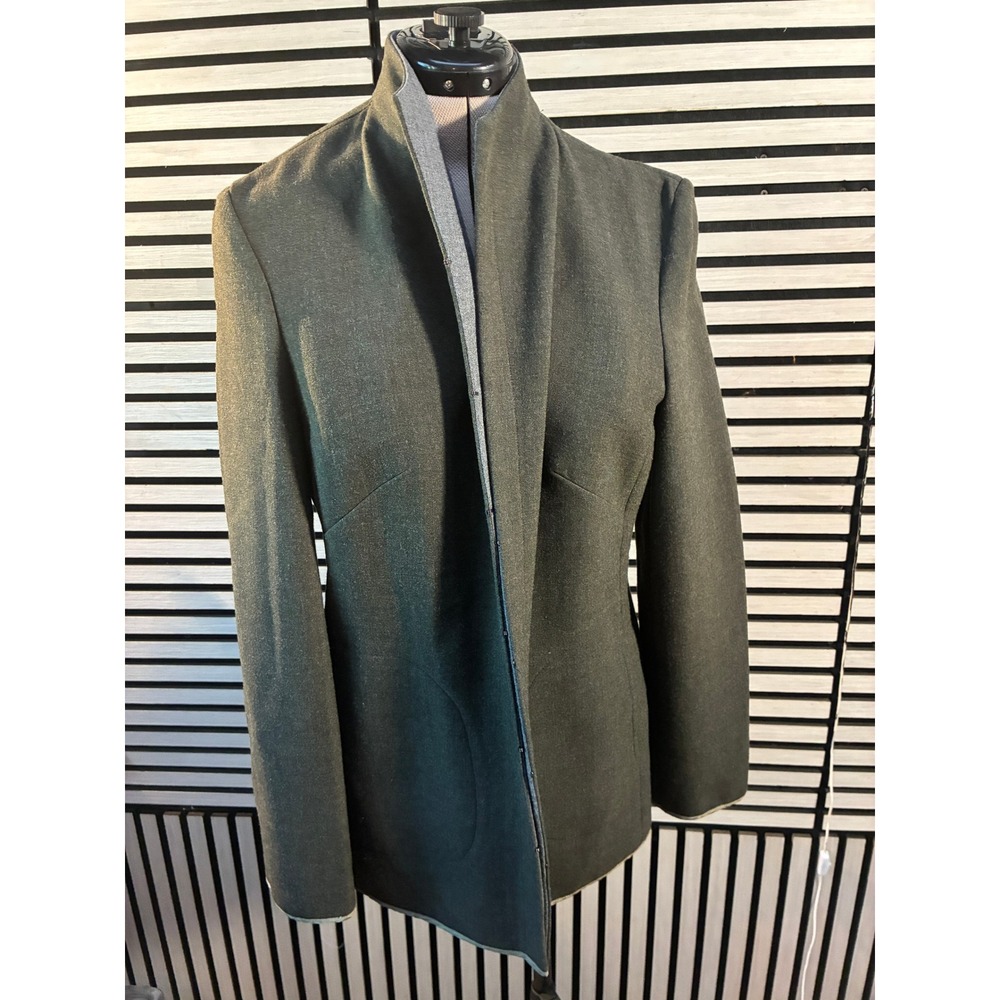 Lafayette 148 New York Wool Blend Jacket 10 Olive Stand Collar Open Front Blazer